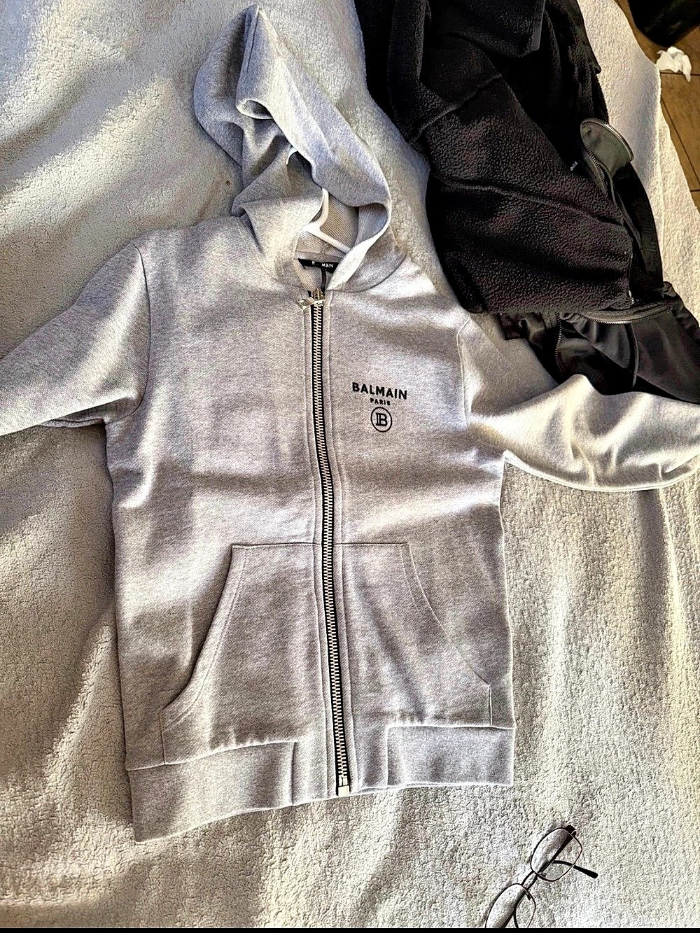 Balmain Paris Logo Tape Zip Hoodie Kids Silver